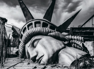 The iconic image of the statue of liberty destroyed - The end of the world - Apocalyptic vision of the future world - Disaster concept for climate change, global war, terrorism or alien attack - obrazy, fototapety, plakaty