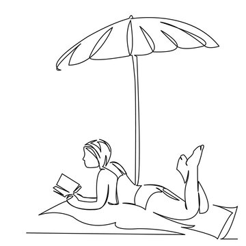 recommend clip art: girl on the beach sunbathing and reading a book under an umbrella