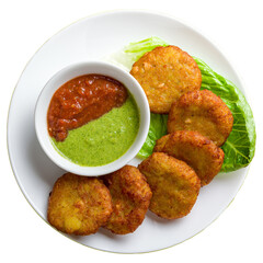 Alu Tikki with cheese and tomato mint sauce with indian spices, indian cuisine isolated on white background top view