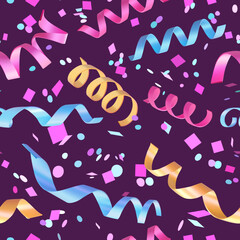 Colorful falling confetti, seamless carnival pattern. 3d realistic streamers with confetti.