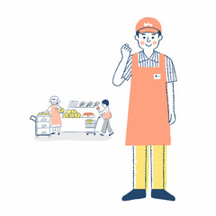 スーパーマーケットの店員と店内売り場