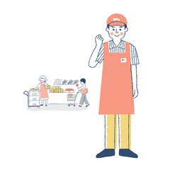 スーパーマーケットの店員と店内売り場