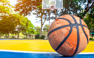 Old basketball that have already been used in the yellow basketball court.