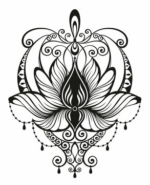 Vector ornamental Lotus flower, ethnic art, patterned Indian paisley. Hand drawn illustration. Invitation element. Tattoo, astrology, alchemy, boho and magic symbol. Black linework isolated on white.