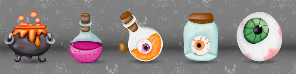 Happy Halloween. Halloween decorations watercolor. Witch and Magical Halloween composition concept..