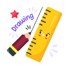 pencil and ruler vector sticker, education modern simple flat design isolated on white background.