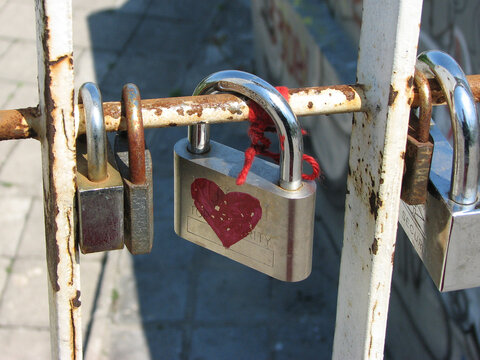 Love locks hang on the bridge in Odessa, Ukraine
