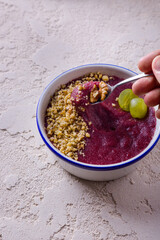 Dessert with grapes, jam and walnuts