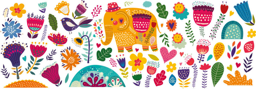 Baby colourful cute elements collection with flowers and elephant