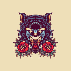 Wolf And Rose Retro Illustration
