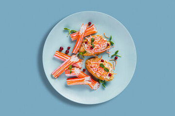 Sandwiches with crab sticks, mung bean salad and red currants