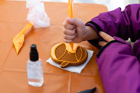 Master Class For Children On Baking Funny Halloween Cookies. Young Children Learn To Cook A Funny Monster Cookies. Kids Preparing Homemade Cookies. Little Cook.