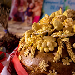 Wedding festive ceremony, traditional  cake tied with a ribbon.