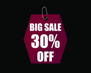 30% Off black banner. Advertising for big sale. 30% discount for promotions and offers.