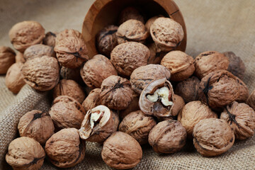 fresh macro walnuts on burlap