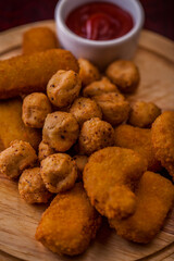 Cheese sticks, cheese balls, chicken nuggets