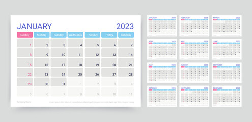 Calendar for 2023 year. Planner template. Week starts Sunday. Monthly calender organizer. Desk schedule grid with 12 month. Corporate yearly diary layout. Vector illustration. Horizontal simple agenda