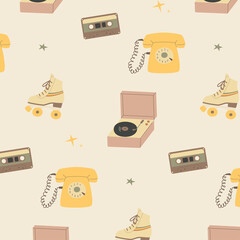 Pattern of objects from the past, roller skates, telephone, tape recorder, gramophone.