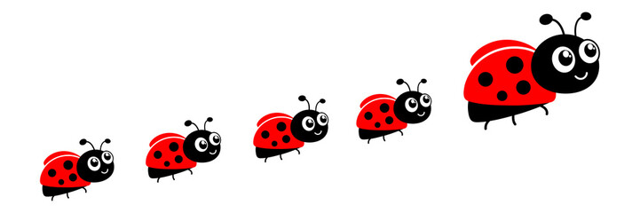 Ladybug flying family set. Ladybird parent and children. Vector illustration isolated on white.