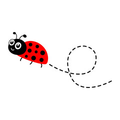 Ladybug flying on dotted route. Cartoon ladybird icon. Vector isolated on white background.