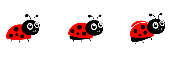 Ladybug cute character set. Red tiny ladybirds group. Vector isolated on white.	

