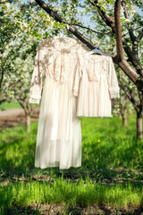 Two lace beige dresses for mom and daughter hang on branches in a blooming apple orchard