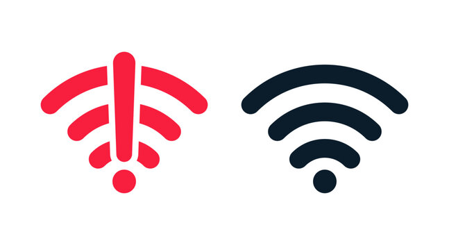 Wireless wifi vector icon no signal and signal flat design set. On and no wifi internet signal symbols set in black color isolated on white background. 10 eps