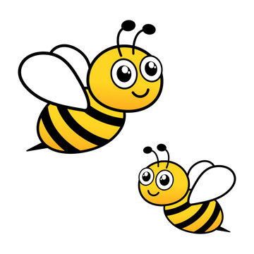 Cute friendly bee set. Cartoon happy flying bees with big kind eyes. Insect character. Vector isolated on white.	