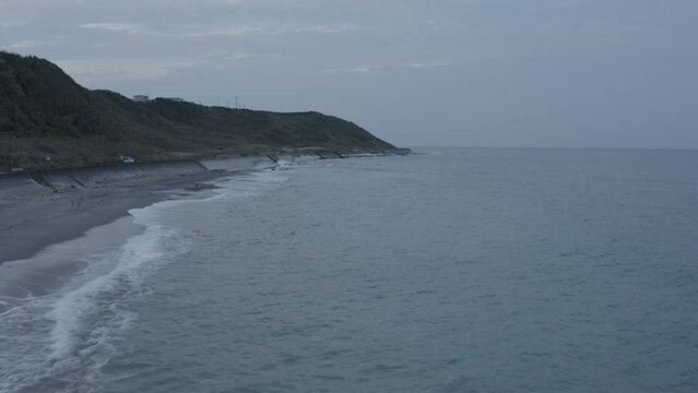 Aerial view of the long coast in Omaezaki. Road 357