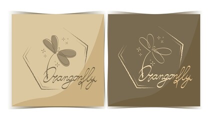 A set of posters, stickers. Stylized hand-drawn dragonfly lettering. Logo. Hand-drawn inscription. Vector. Single-line drawing. Boho. Dragonfly. Insect.