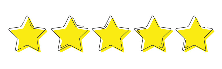 Five yellow stars with intermittent black line. Product quality rating or customer review. Vector illustration. 