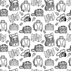 Seamless pattern of luggage bags, hand-drawn in sketch style. Vector illustration. Large suitcase, small bag, backpack, hand luggage, valise. Luggage. Airplane. Sketch.