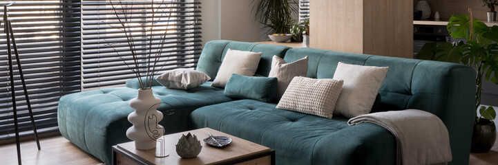 Comfortable corner sofa in living room, panorama