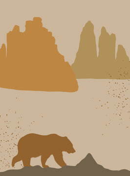 Minimalistic landscape with mountains and bear. Modern poster. Vector art.