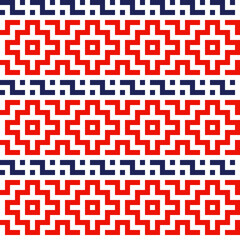 National pixel pattern. Traditional ethnic pattern, red blue ornament on white background	