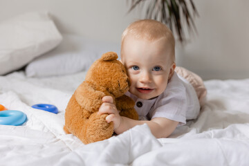 Cheerful little boy playing with toys on blanket, teddy bear, health, banner, card