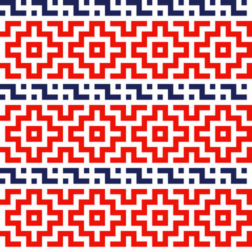 National pixel pattern. Traditional ethnic pattern, red blue ornament on white background	