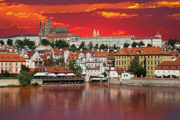 Beautiful view of Prague Castle at sunset with a colorful vibrant sky 