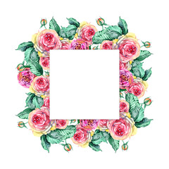 Vintage Watercolor Frame with Blooming English Roses. For You with Place for Your Text.