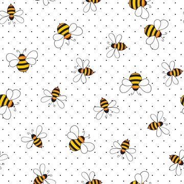 Seamless pattern with bees on white polka dots background. Small wasp. Vector illustration. Adorable cartoon character. Template design for invitation, cards, textile, fabric. Doodle style