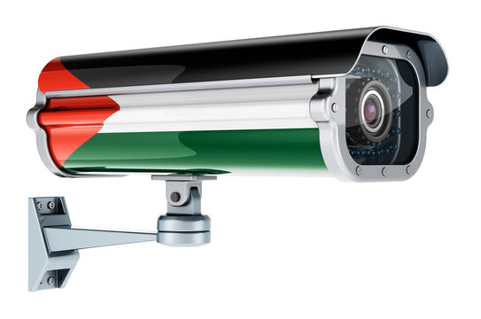 Surveillance camera with Palestinian flag. 3D rendering
