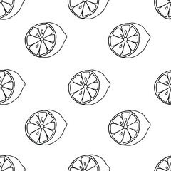 Seamless pattern with lemon slices drawn with black marker on white paper. Beautiful and creative citrus background. Vector illustration with fresh juicy limes.