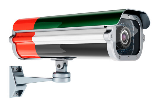 Surveillance camera with the United Arab Emirates flag. 3D rendering