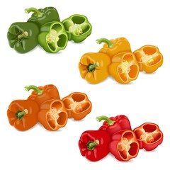 Three each red, green, yellow, and orange bell peppers for banners, flyers, posters, social media. Whole and quarter sweet bell peppers. Vegetables. Vector illustration isolated on white background.