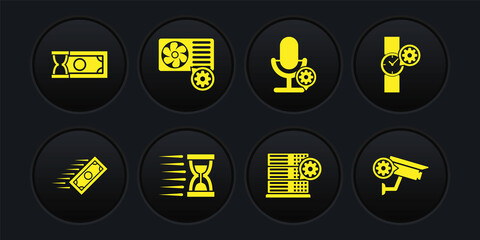 Set Fast payments, Wrist watch setting, Old hourglass with sand, Server, Microphone and Air conditioner icon. Vector