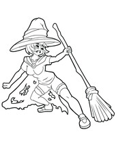 Cute witch girl holding a flying broom in her hand with a surprised expression on her face she is drawn in cartoon anime style, outline drawing line coloring