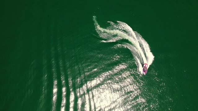 Fast Boad Sails In The Kinneret Lake In Israel Amazing Drone Shot View 4K