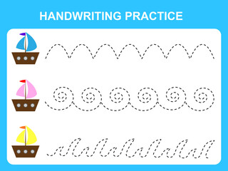 Handwriting practice sheet illustration. Ships on the waves. Materials for teaching and development of children. Vector illustration