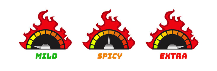 Hot chili pepper strength scale indicator - mild, spicy, extra in speed meter and fire flame for food menu, hot sauce, culinary show. Pepper sauce. Vector 10 eps