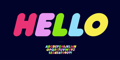 Vector font hello name colorful modern typography for poster, event decoration, motion, video, game, t shirt, book, banner. Cool typeface. Trendy alphabet. 10 eps